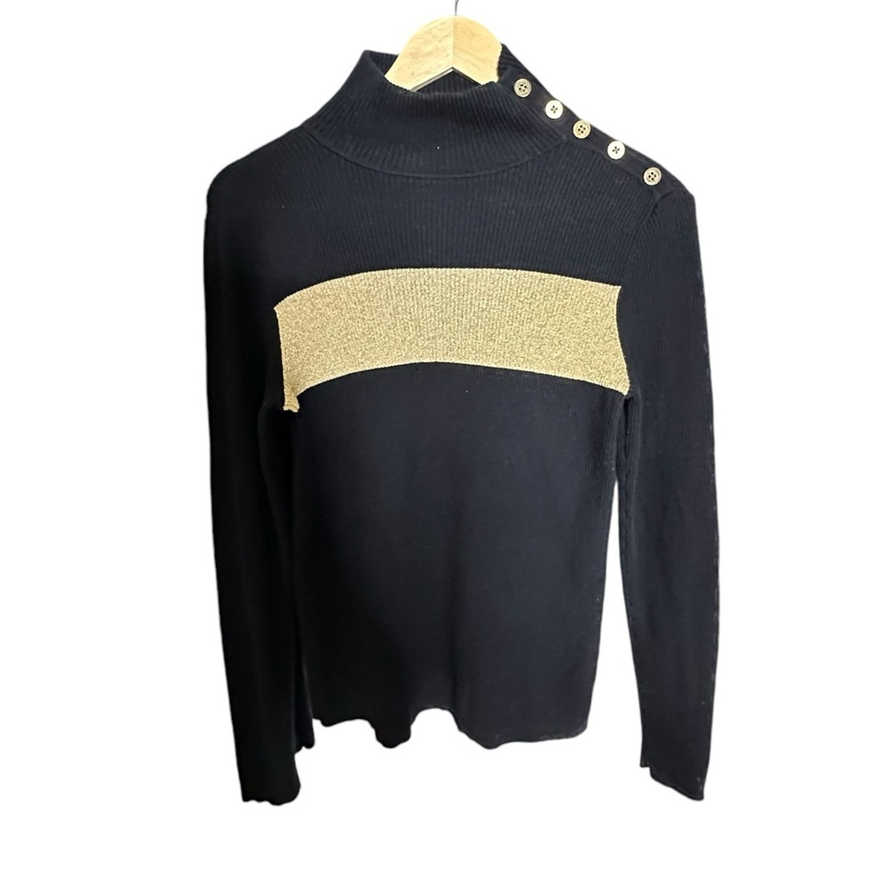 Lauren Ralph Lauren Black &Gold Ribbed Long Sleeve Mock Turtle Neck Sweater sz M